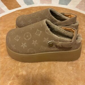 Boutique LV Monogram Quilted Faux Fur Clog Mules in Camel